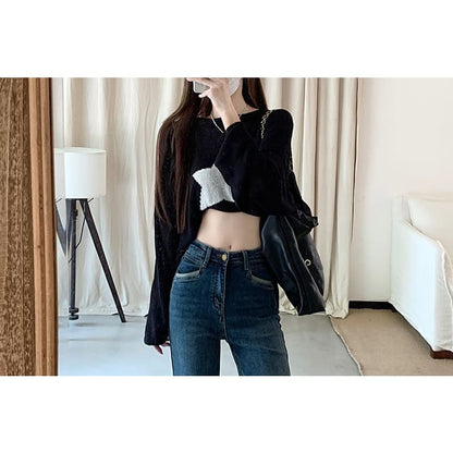 High Waist Washed Panel Cropped Straight Leg Jeans