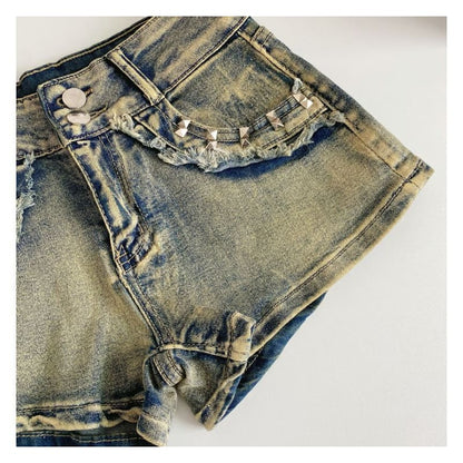 High Waist Washed Studded Denim Shorts