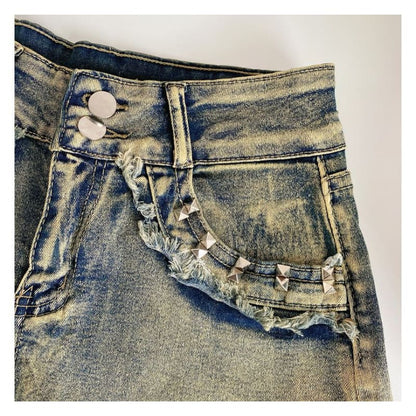 High Waist Washed Studded Denim Shorts