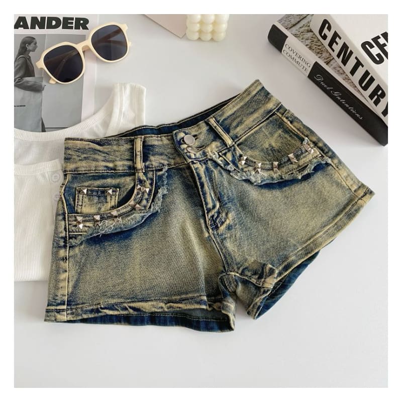 High Waist Washed Studded Denim Shorts