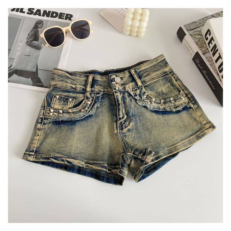 High Waist Washed Studded Denim Shorts