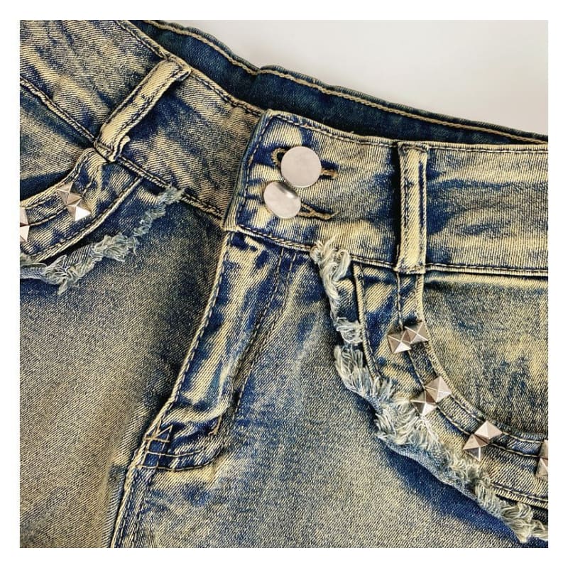 High Waist Washed Studded Denim Shorts