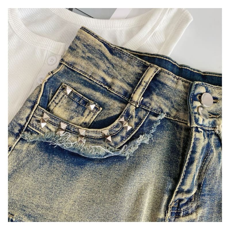 High Waist Washed Studded Denim Shorts