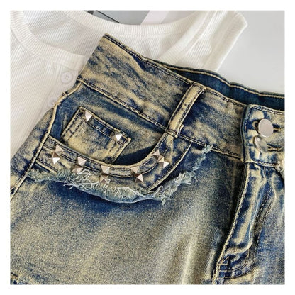 High Waist Washed Studded Denim Shorts