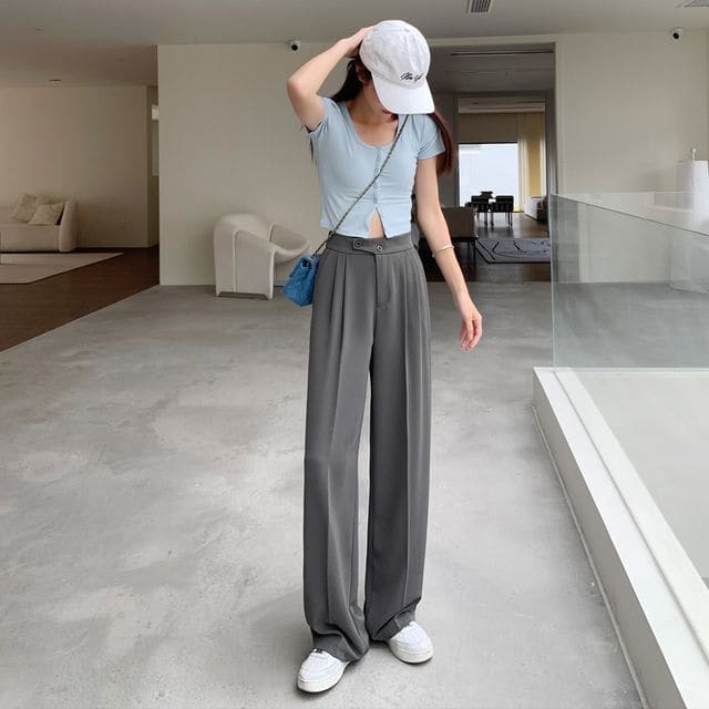 High-Waist Wide-Leg Dress Pants - Gray / S