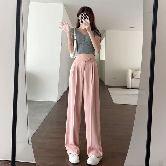 High-Waist Wide-Leg Dress Pants - Pink / S