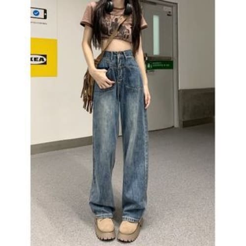 High Waist Wide Leg Jeans - Blue / S