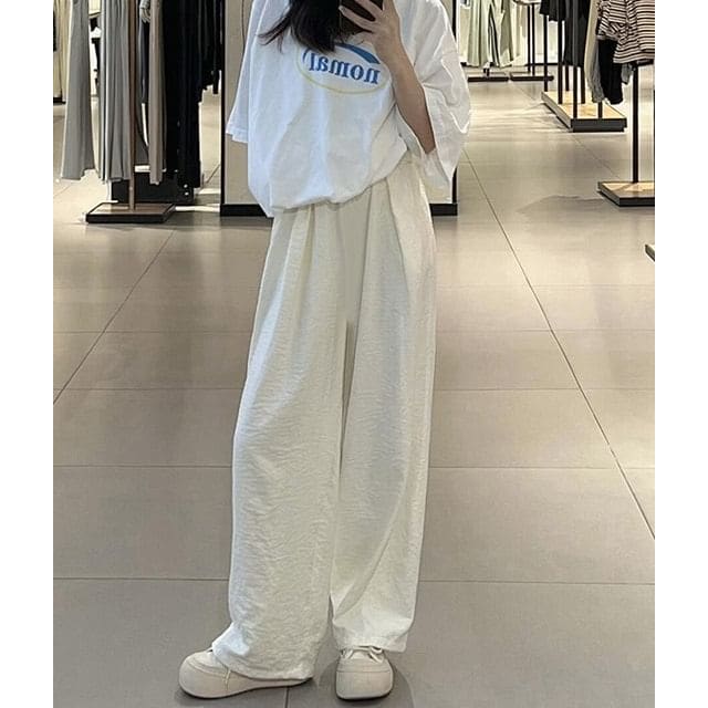 High Waist Wide Leg Plain Elastic Waist Pants