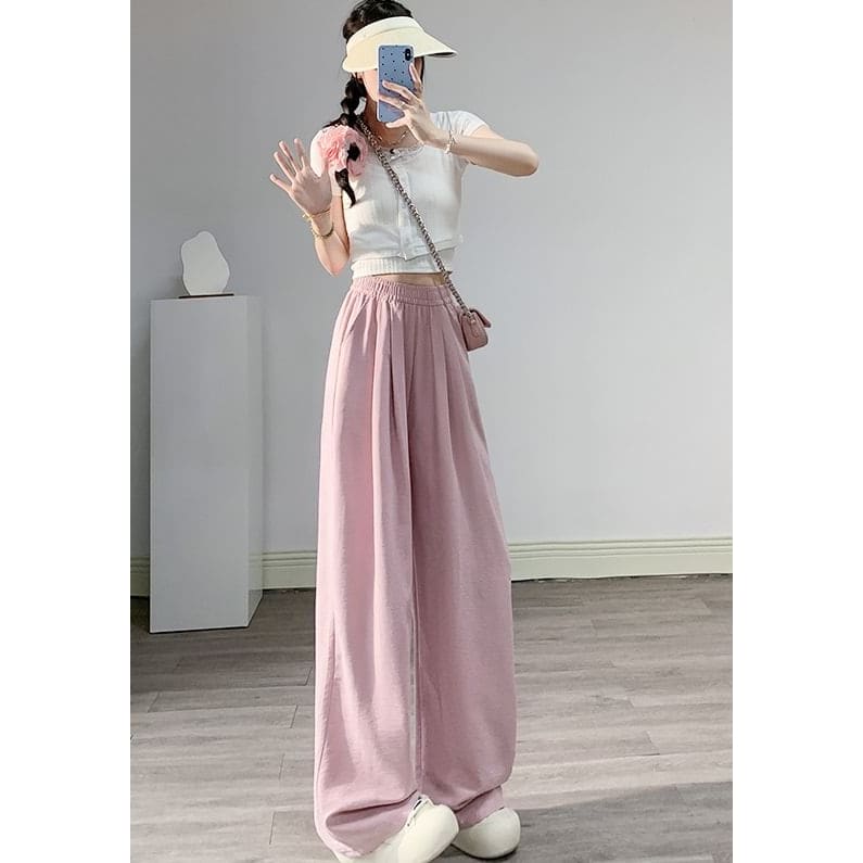 High Waist Wide Leg Plain Elastic Waist Pants