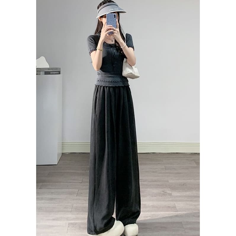 High Waist Wide Leg Plain Elastic Waist Pants