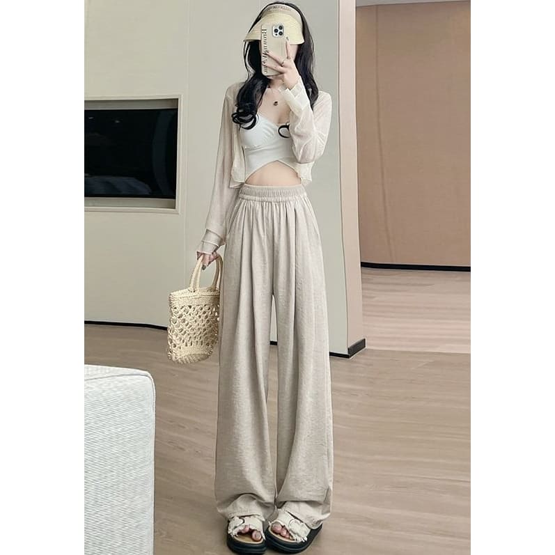 High Waist Wide Leg Plain Elastic Waist Pants