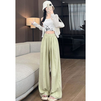 High Waist Wide Leg Plain Elastic Waist Pants