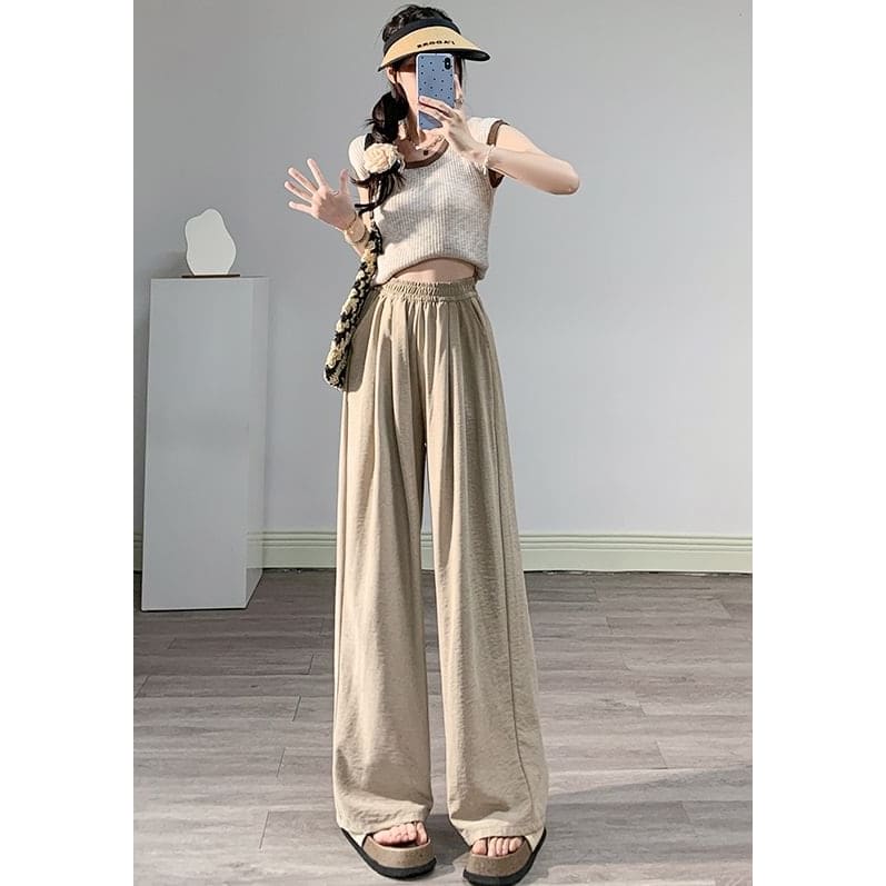 High Waist Wide Leg Plain Elastic Waist Pants