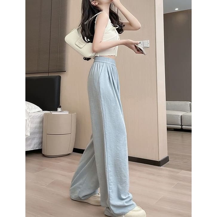 High Waist Wide Leg Plain Elastic Waist Pants