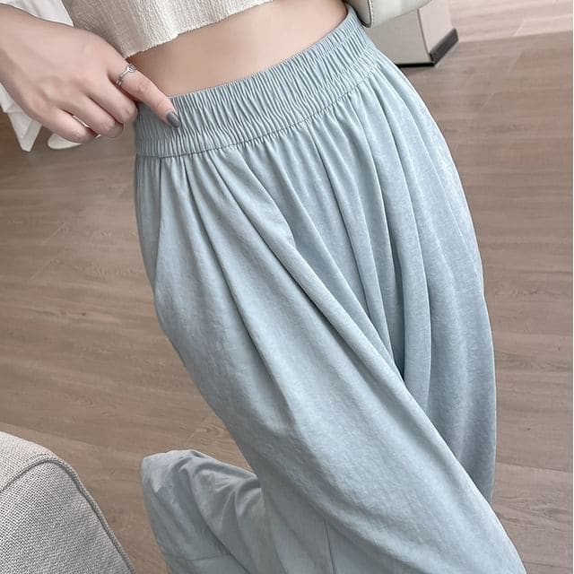 High Waist Wide Leg Plain Elastic Waist Pants