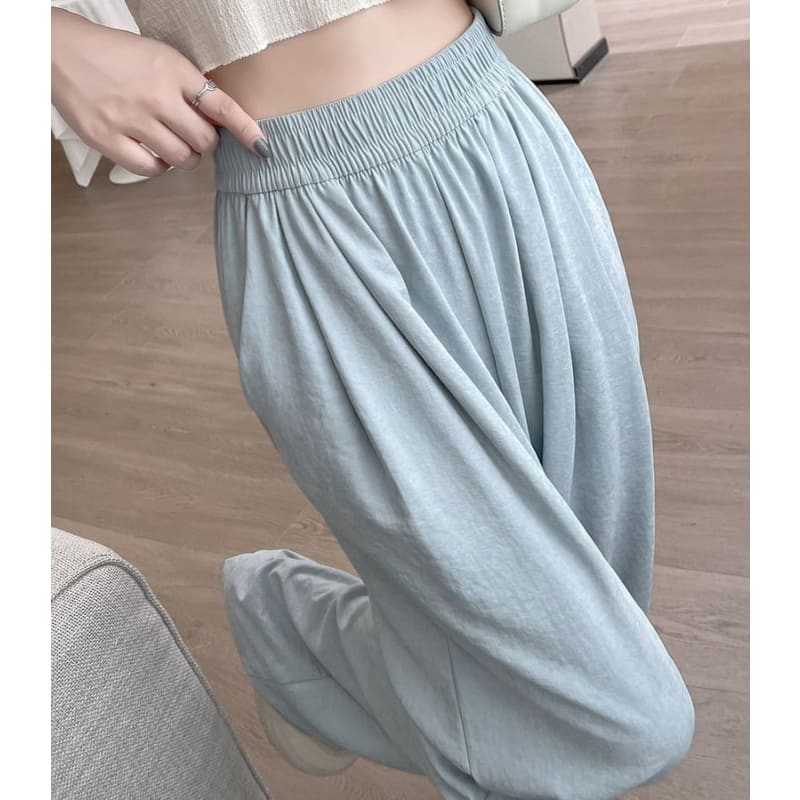 High Waist Wide Leg Plain Elastic Waist Pants