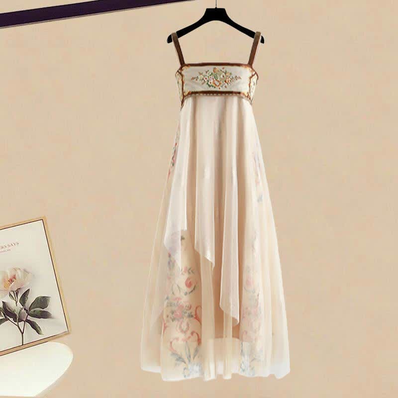 Hollow Cardigan Vintage Floral Print Slip Dress Set - Dress