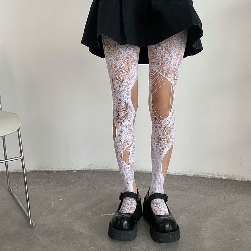 Hollow Out Rose Pattern Mesh Stockings - White / One size