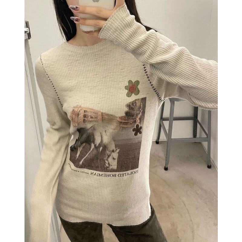 Horse White Long Sleeve Top - Tops