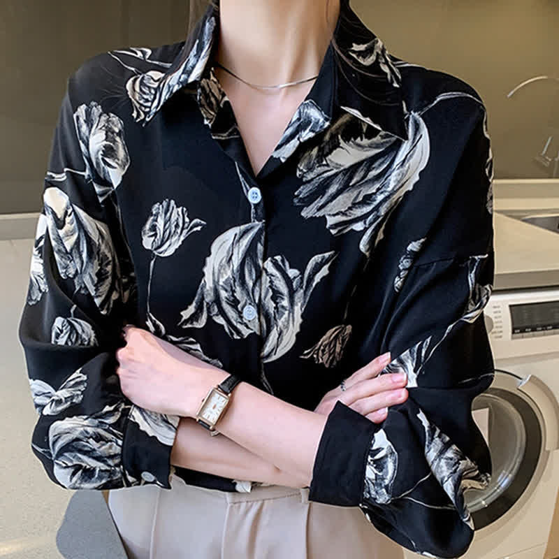 Ink Painting Blossom Print Lapel Shirt