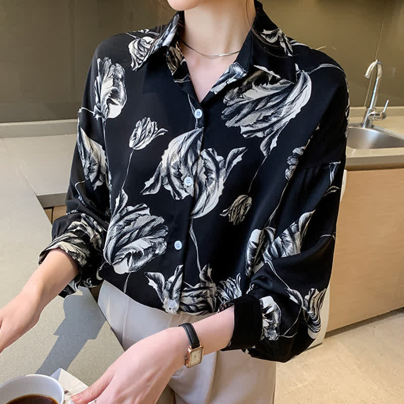 Ink Painting Blossom Print Lapel Shirt