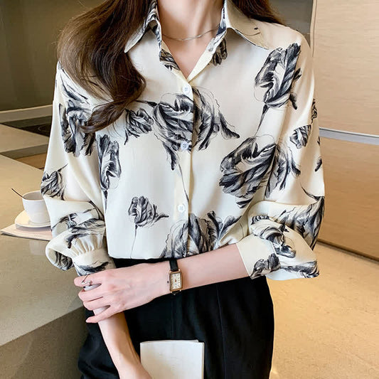 Ink Painting Blossom Print Lapel Shirt - Apricot / M