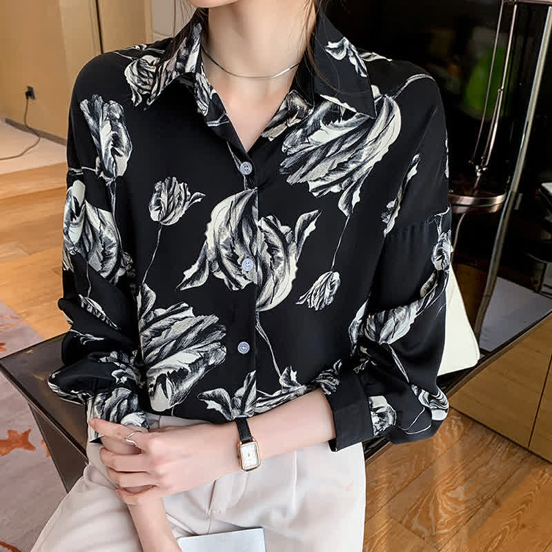 Ink Painting Blossom Print Lapel Shirt - Black / M