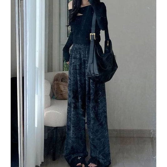 Ink Painting Print High Rise Elastic Waist Wide Leg