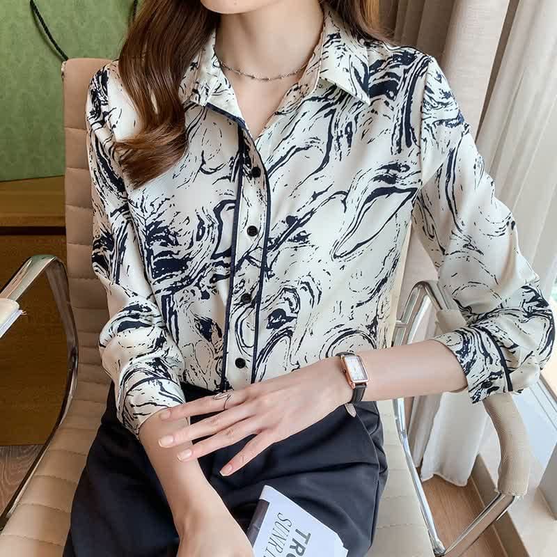 Ink Painting Print Long Sleeve Lapel Shirt