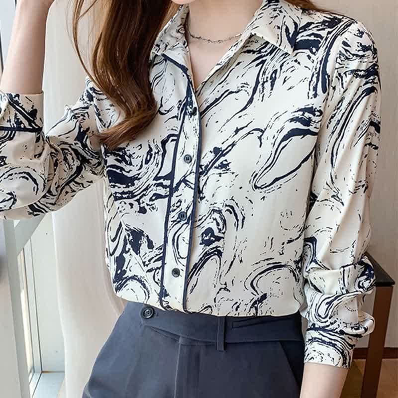 Ink Painting Print Long Sleeve Lapel Shirt