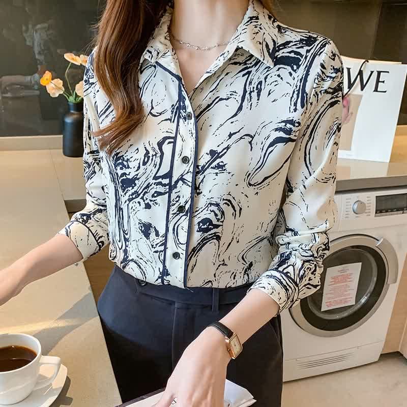 Ink Painting Print Long Sleeve Lapel Shirt