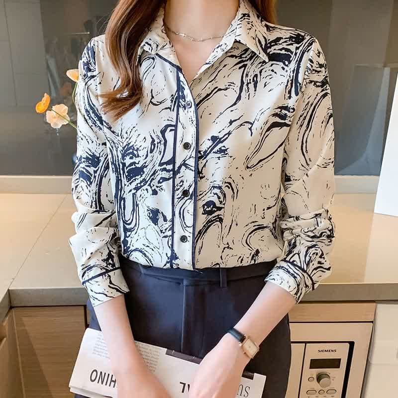 Ink Painting Print Long Sleeve Lapel Shirt