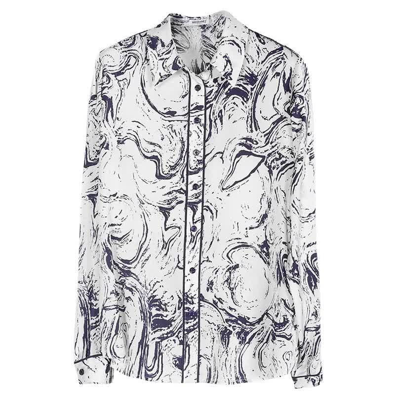 Ink Painting Print Long Sleeve Lapel Shirt - Blue / M