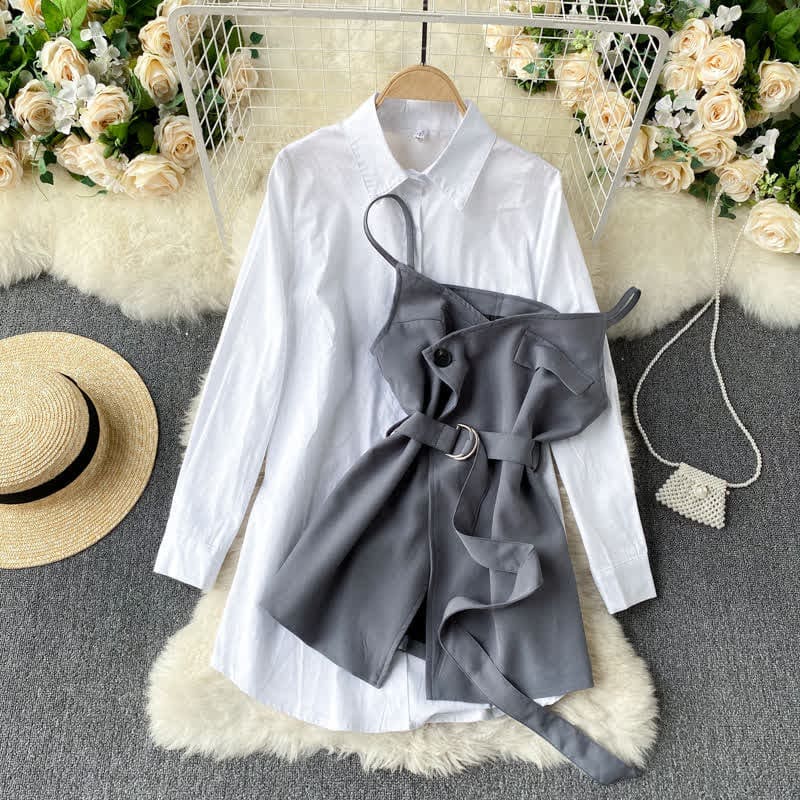 Irregular Belted Slip Dress Shirt Set