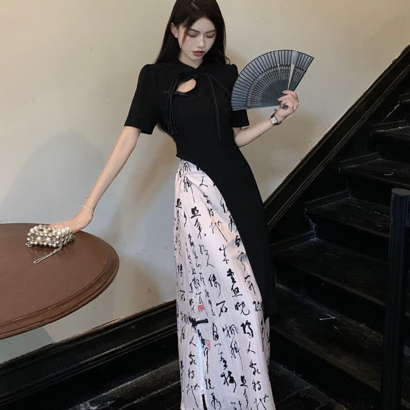 Irregular Buckle Qipao Top Character Print Split Skirt Set