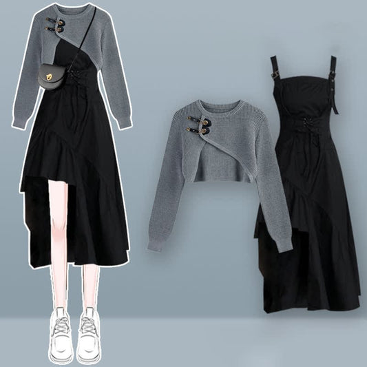 Irregular Buckle Sweater Slip Dress Set