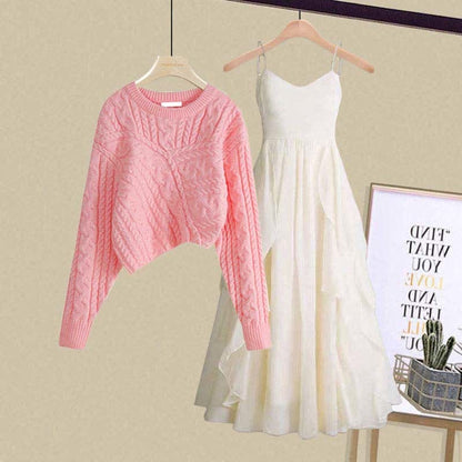 Irregular Cable Knit Sweater Floral Print Slip Dress