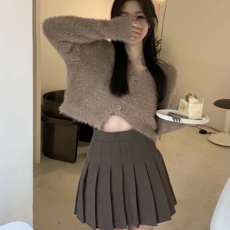 Irregular Cardigan Sweater High Waist Pleated Skirt Set