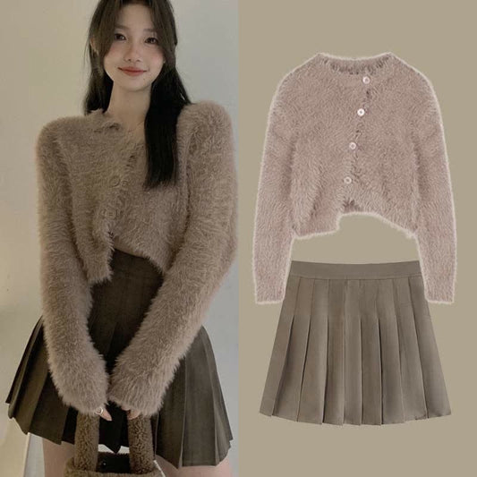 Irregular Cardigan Sweater High Waist Pleated Skirt Set