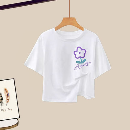 Irregular Cartoon Floral T-shirt High Waist Purple Pants