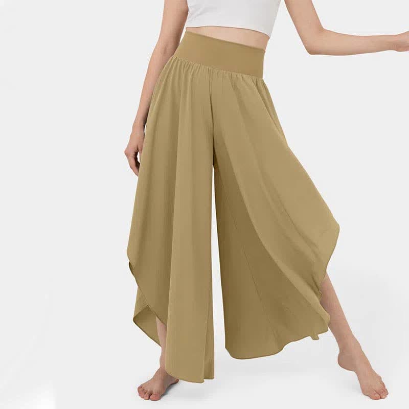 Irregular High Waist Flowy Wide Leg Casual Pants - Camel / S