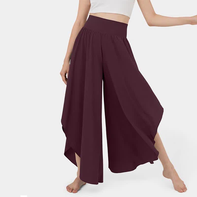 Irregular High Waist Flowy Wide Leg Casual Pants - Wine Red