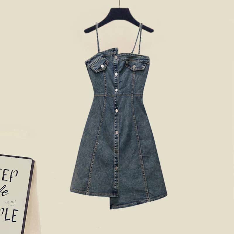 Irregular Hollow Out Sweater Denim Slip Dress - Blue Dress