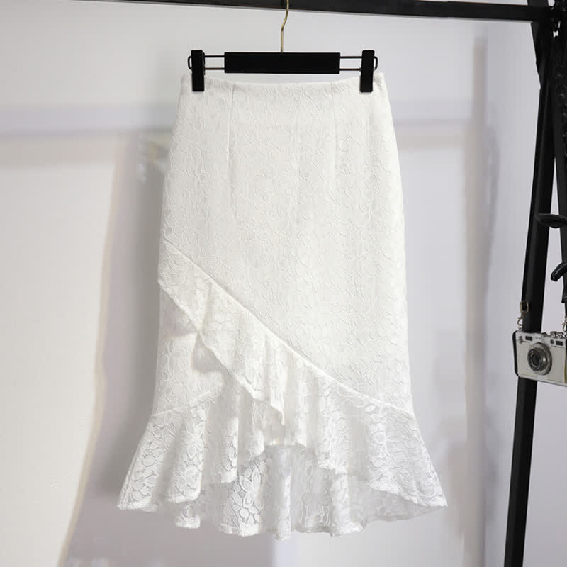 Irregular Lace Stitching Fishtail Skirt - White / S