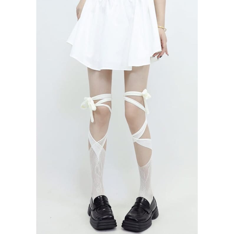 Irregular Lace Straps Stockings - White - Stockings