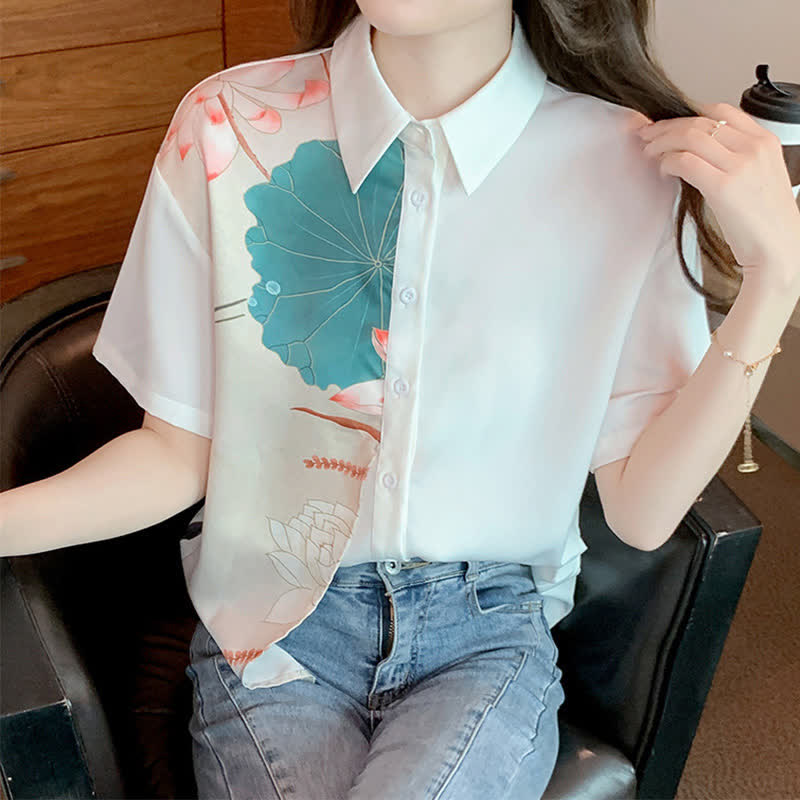 Irregular Lotus Print Short Sleeve Chiffon Lapel Shirt