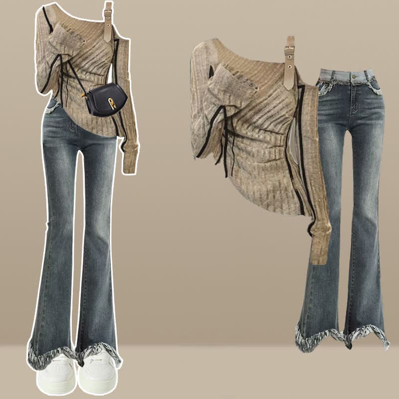 Irregualr Oblique Shoulder Long Sleeve Top Fringed Flared Denim Pants