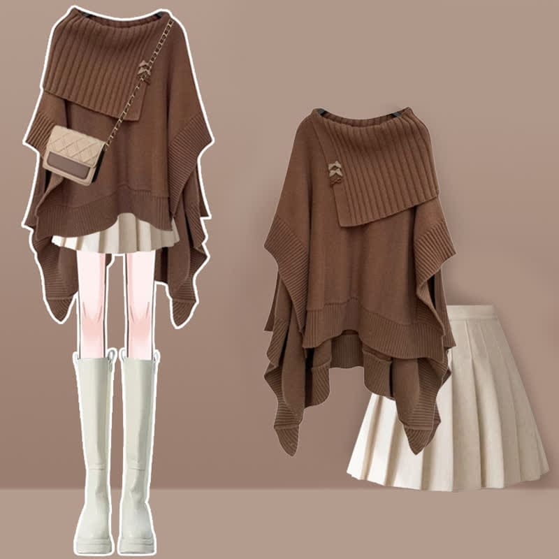 Irregular Off Shoulder Loose Cloak Sweater Pleated Skirt