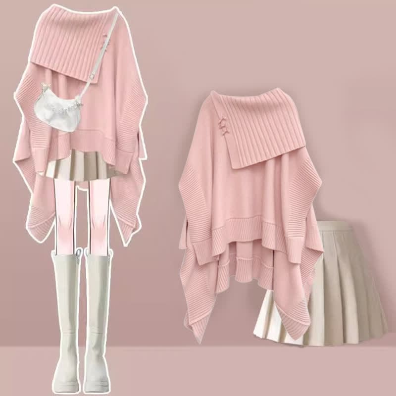 Irregular Off Shoulder Loose Cloak Sweater Pleated Skirt