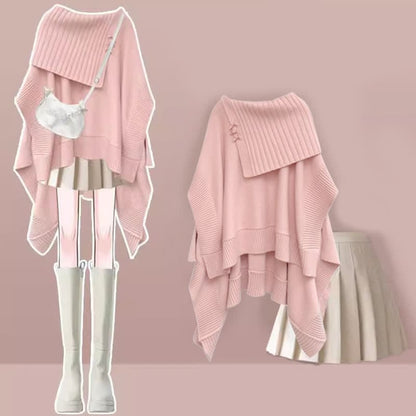 Irregular Off Shoulder Loose Cloak Sweater Pleated Skirt